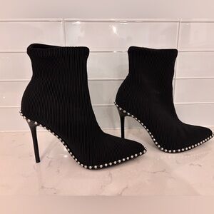 Alexander Wang Black Heeled Stretch Knit Sock Bootie Silver Stud Accents